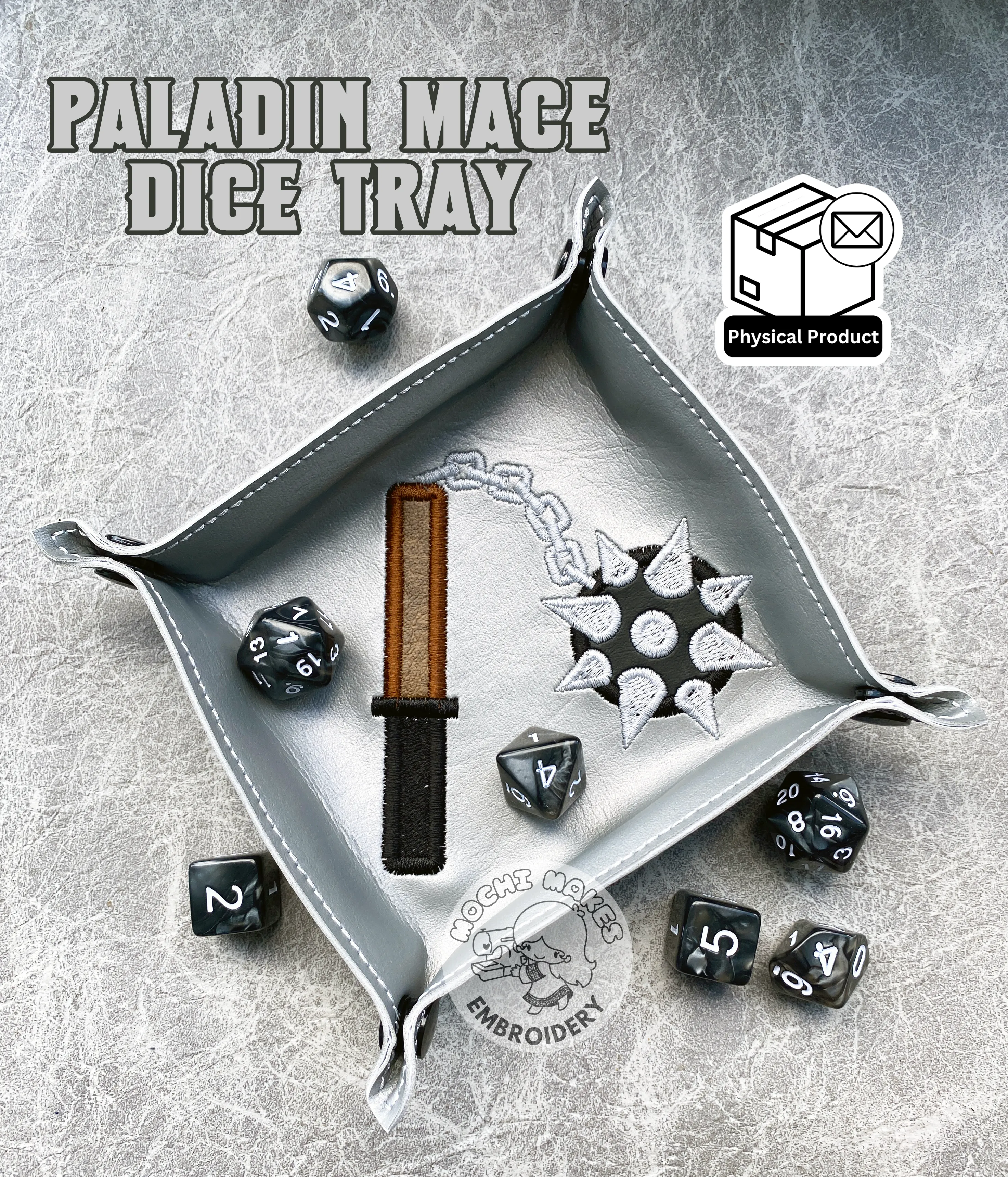 Paladin Mace Embroidered Dice Tray D20 Critical Role Play Board Game RPG TTRPG Applique Cosplay DND Dungeons Dragons Fantasy Medieval Magic