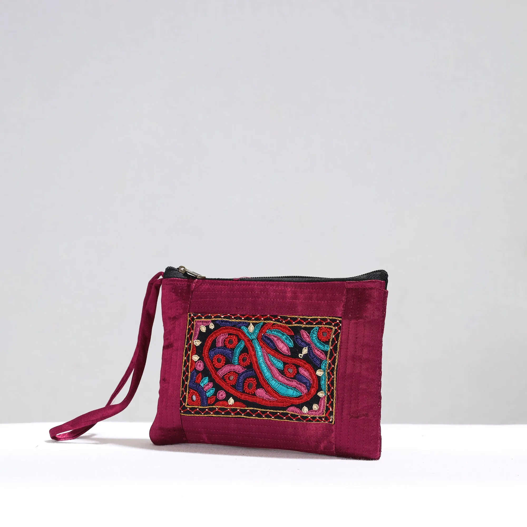 Purple - Kutch Pakko Hand Embroidery Mirror Work Mashru Silk Mobile Pouch 91