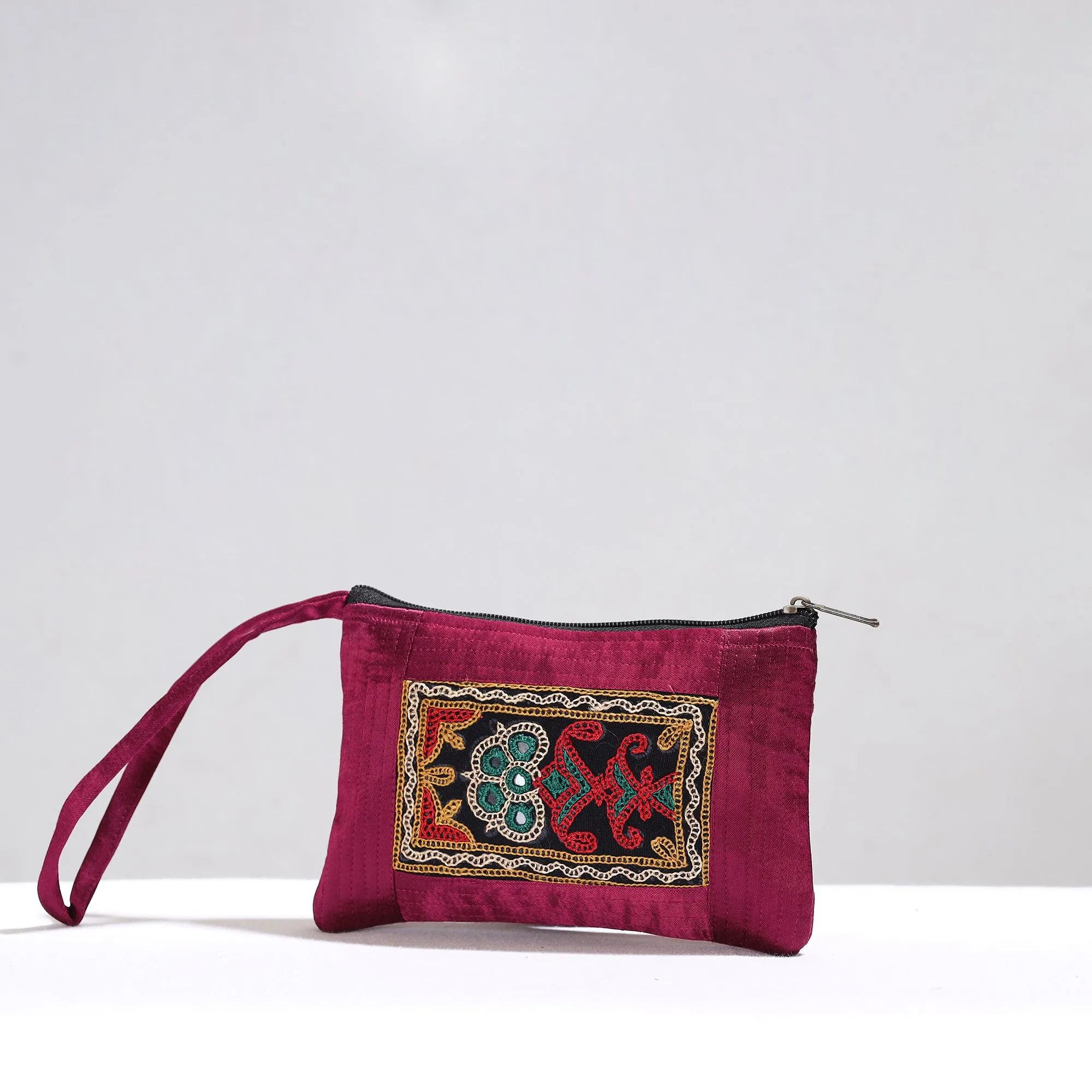 Purple - Kutch Pakko Hand Embroidery Mirror Work Mashru Silk Mobile Pouch 93
