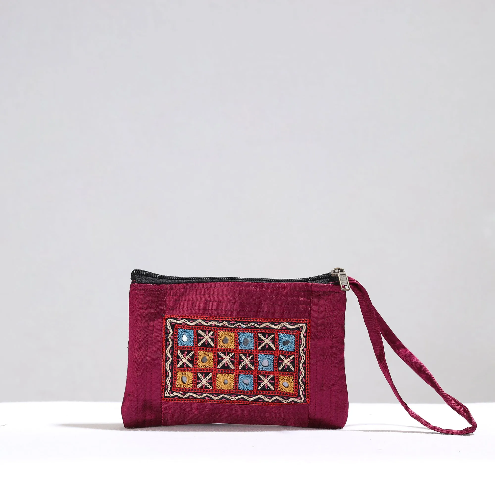 Purple - Kutch Pakko Hand Embroidery Mirror Work Mashru Silk Mobile Pouch 94