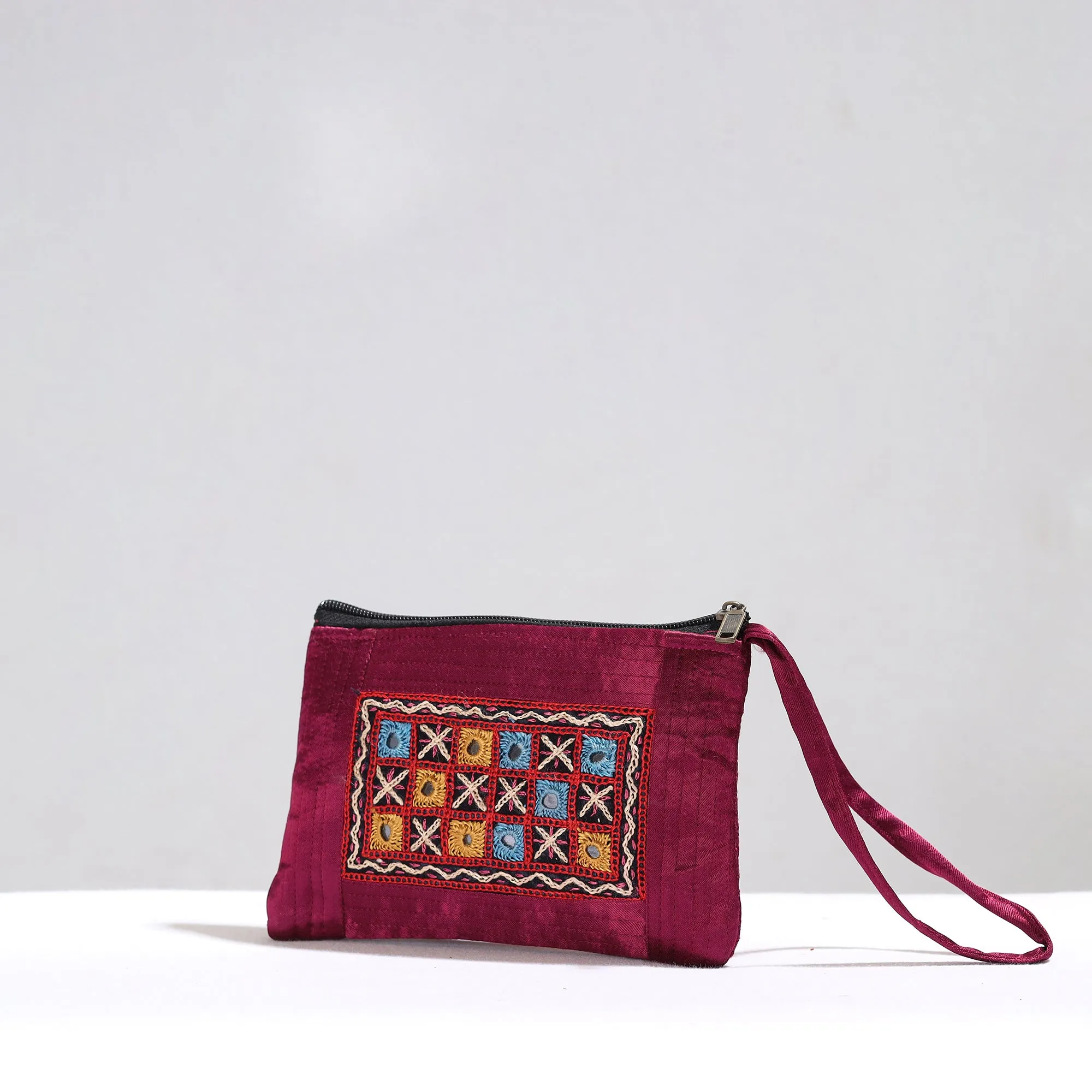 Purple - Kutch Pakko Hand Embroidery Mirror Work Mashru Silk Mobile Pouch 94
