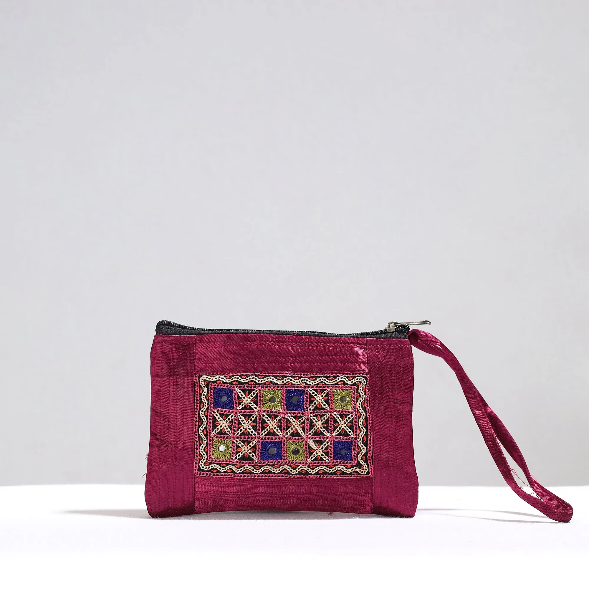 Purple - Kutch Pakko Hand Embroidery Mirror Work Mashru Silk Mobile Pouch 95