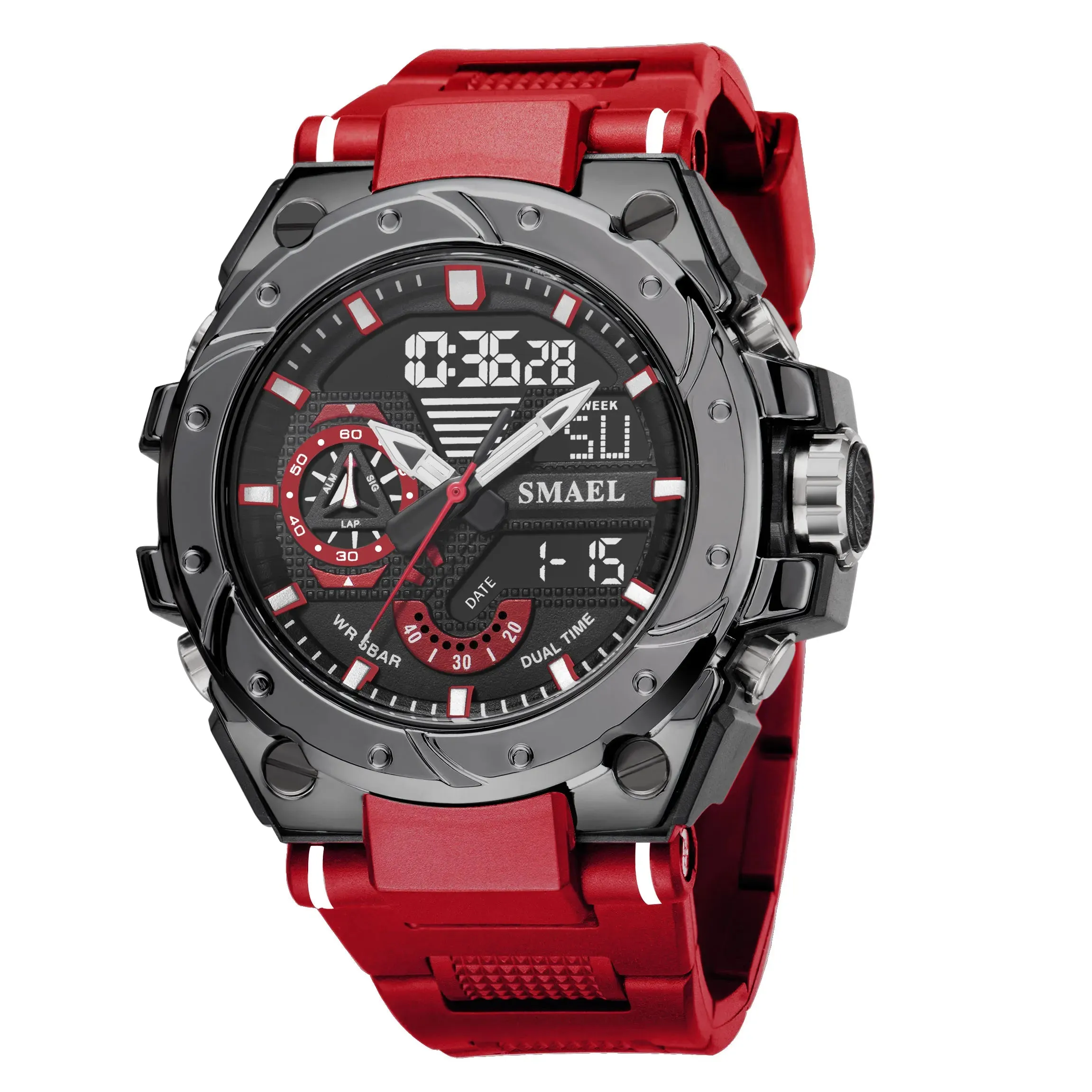 Quartz Watch For Men SMAEL Wristwatches Watcholorful Red Bracelet 50M Waterproof Alarm Clock Analog Digitals 8060 Sport Watches