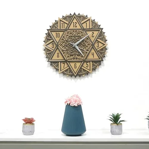 R S H Wooden Wall Clock Star Design Look for Living Room | Home Decor | Wall Decor | Gift Item (12 * 12)