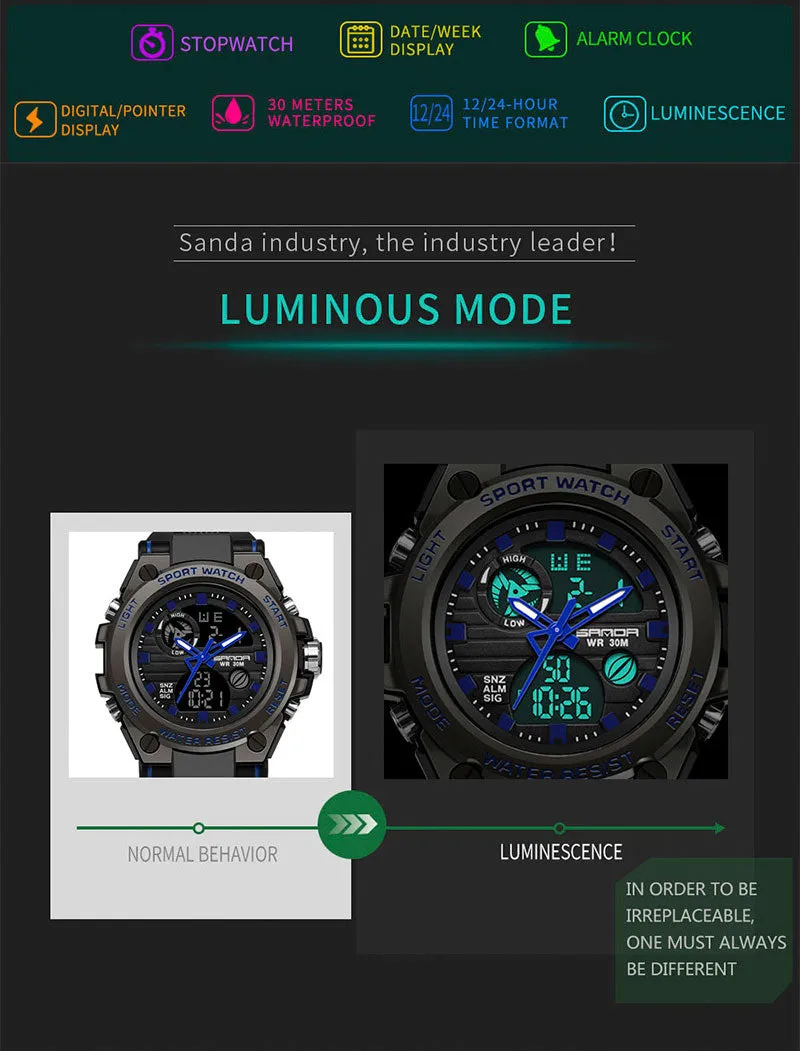 Sanda Military Army Sport Style Wristwatch Dual Display Men's Watch