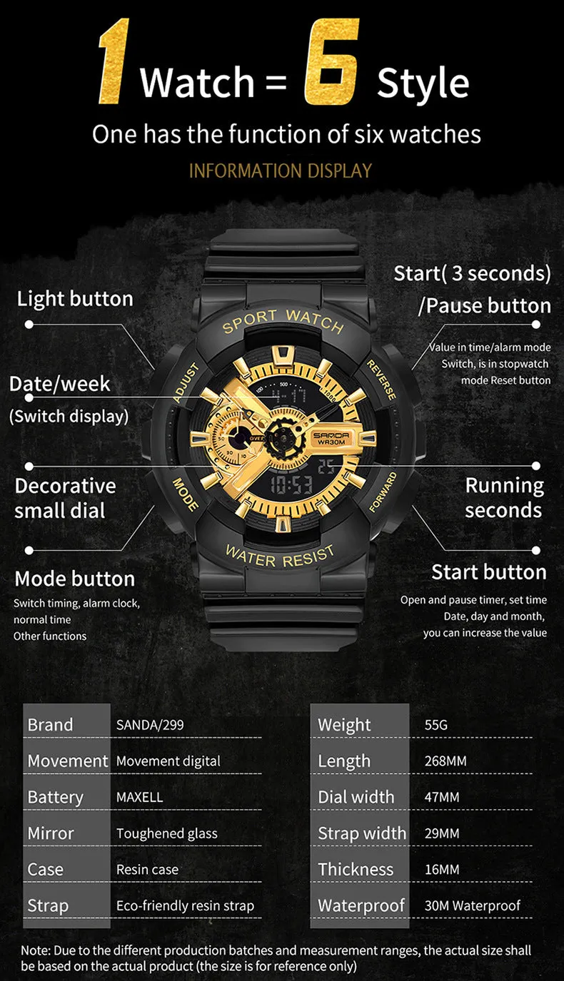 Sanda Military Army Sport Style Wristwatch Dual Display Men's Watch