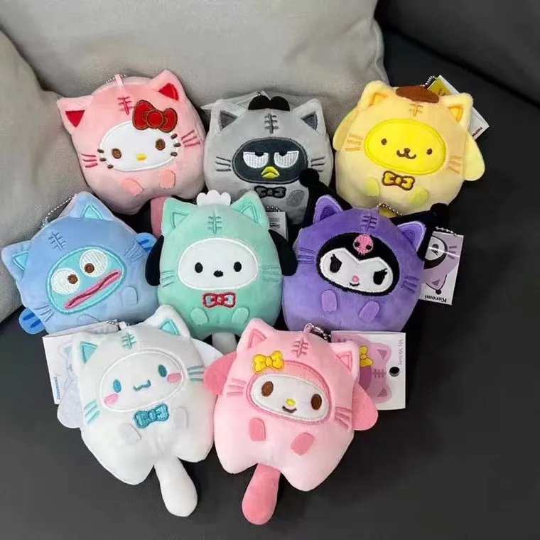 Sanrio Tiger Cat Neko Chan Hello Kitty My Melody Kuromi Cinnamoroll Pompompurin Pochacco Hangyodon Bad Badtz Maru Mini Plush Doll Keychain