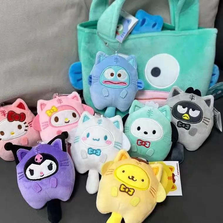Sanrio Tiger Cat Neko Chan Hello Kitty My Melody Kuromi Cinnamoroll Pompompurin Pochacco Hangyodon Bad Badtz Maru Mini Plush Doll Keychain