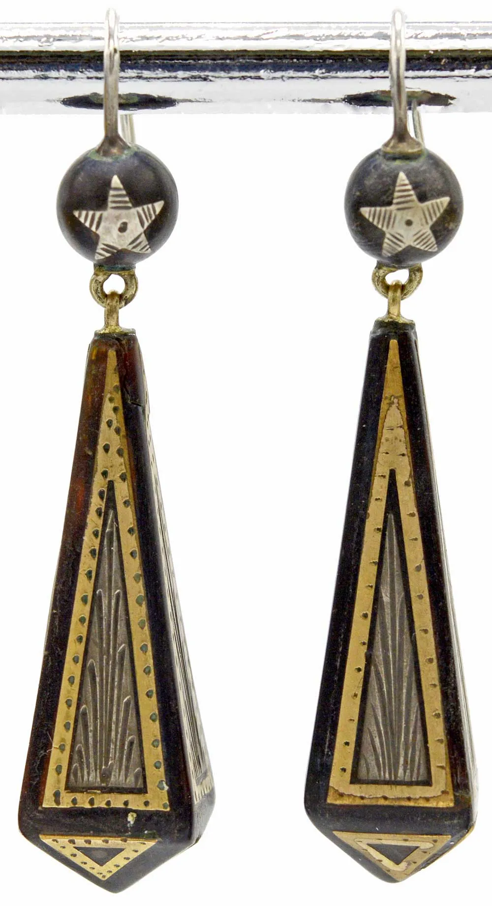 Victorian pique earrings. Gold and silver on antique tortoiseshell.