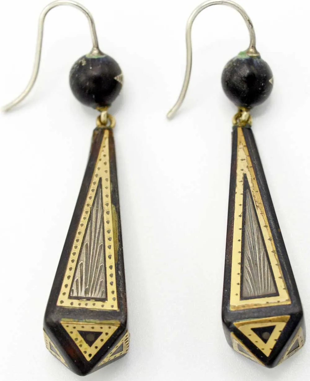 Victorian pique earrings. Gold and silver on antique tortoiseshell.