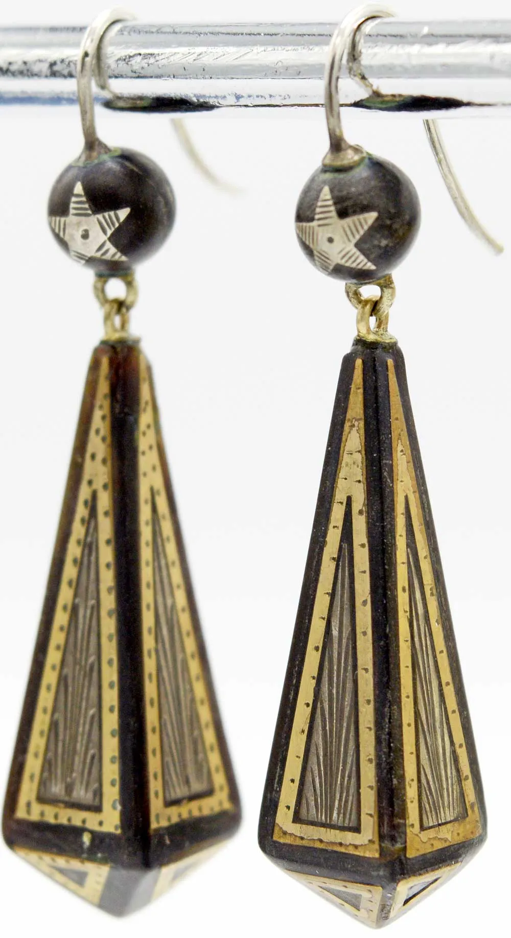 Victorian pique earrings. Gold and silver on antique tortoiseshell.
