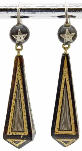 Victorian pique earrings. Gold and silver on antique tortoiseshell.
